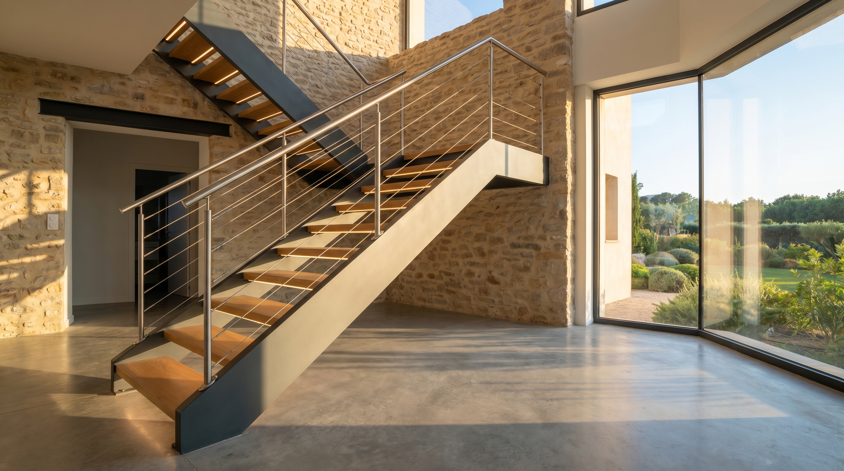 Escalier design métal avec marches bois posé dans une maison de l'Hérault par Prometal