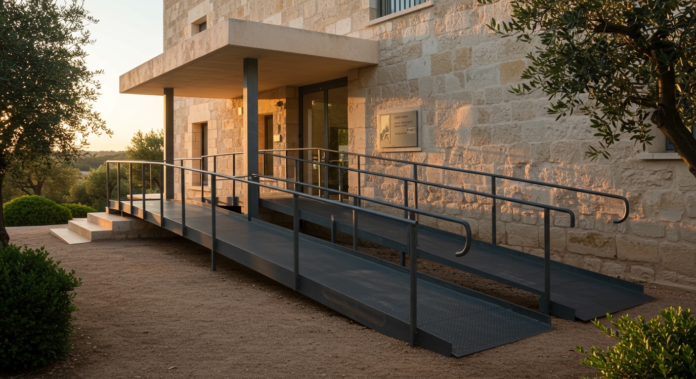 Mise aux normes PMR Hérault, rampe d'accès acier galvanisé Prometal