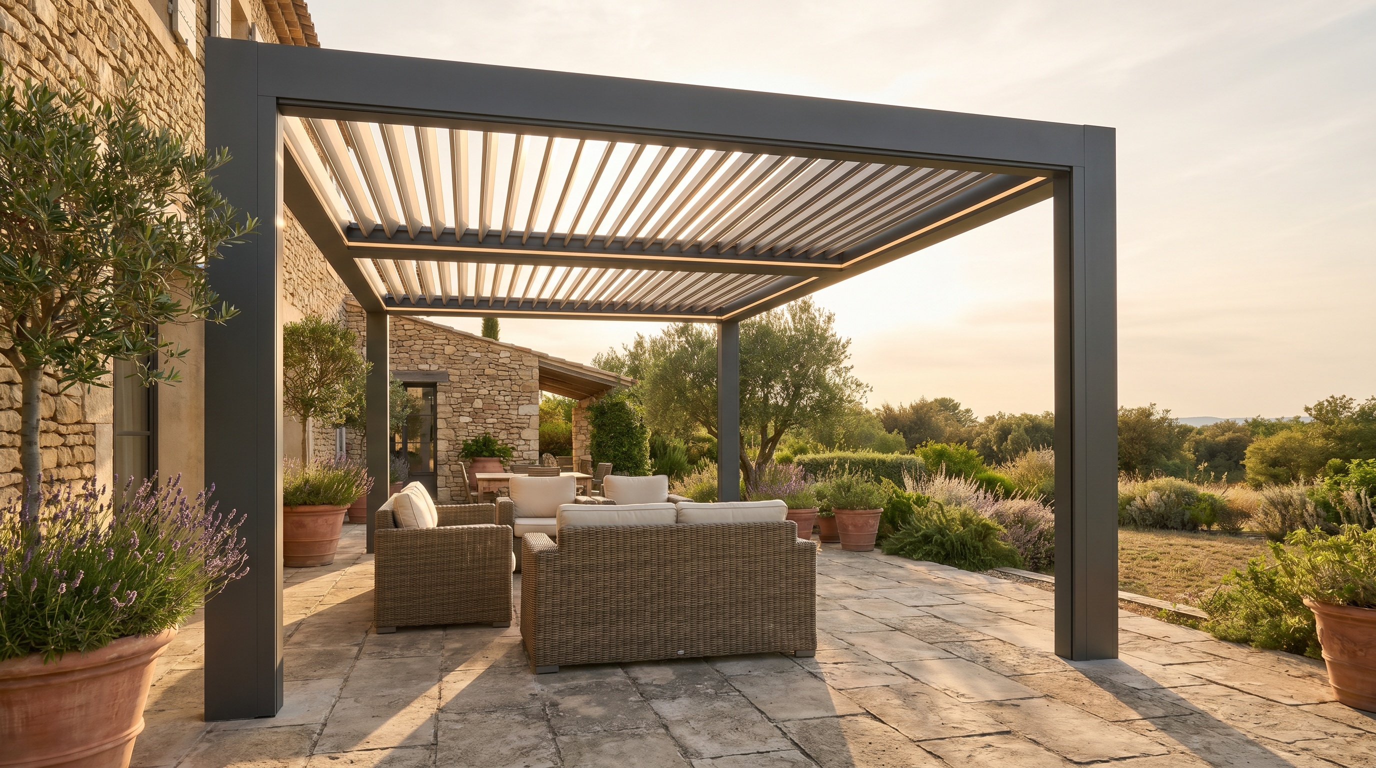 Pergola bioclimatique avec lames orientables sur terrasse dans l'Hérault