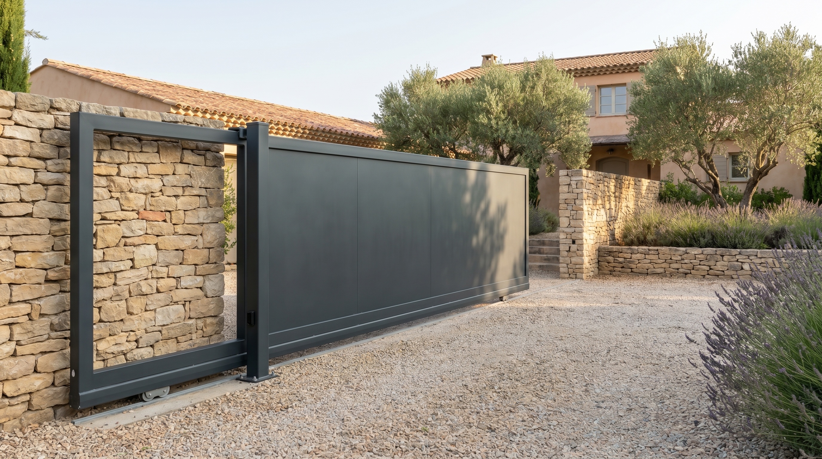 Portail coulissant aluminium sur mesure fabriqué dans l'atelier Prometal à Vic-la-Gardiole