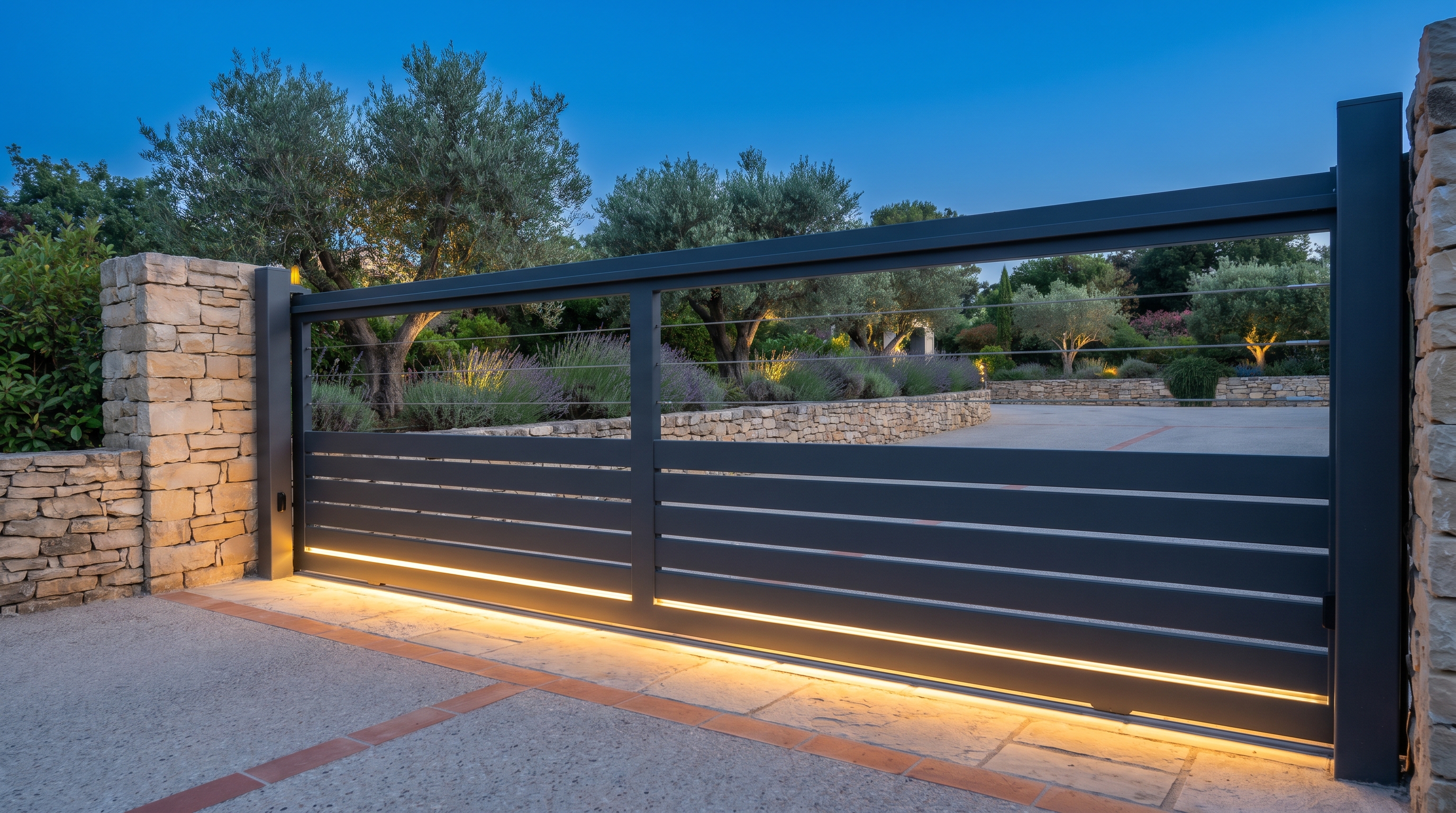 Portail coulissant aluminium anthracite posé devant une maison dans l'Hérault par Prometal